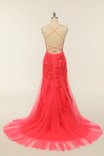 Coral Backless Long Ball Dress with Appliques